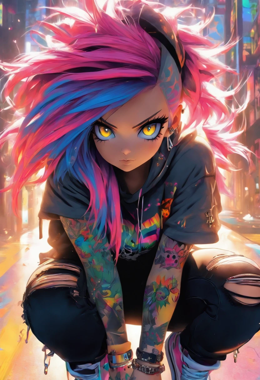 The most beautiful and sexy punk rock girl, rainbow colored hair, yellow eyes, wearing a hoodie, graphic t-shirt and torn skinny jeans, tons of tattoos and piercings, perfect masterpiece, high quality, high resolution