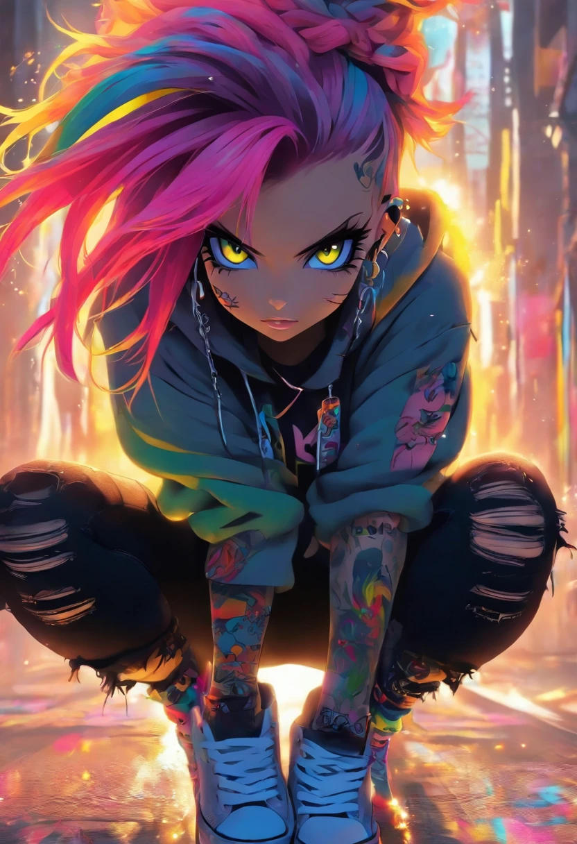 The most beautiful and sexy punk rock girl, rainbow colored hair, yellow eyes, wearing a hoodie, graphic t-shirt and torn skinny jeans, tons of tattoos and piercings, perfect masterpiece, high quality, high resolution