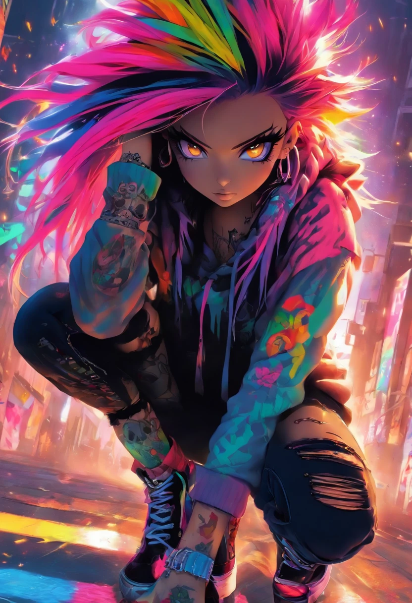 The most beautiful and sexy punk rock girl, rainbow colored hair, yellow eyes, wearing a hoodie, graphic t-shirt and torn skinny jeans, tons of tattoos and piercings, perfect masterpiece, high quality, high resolution