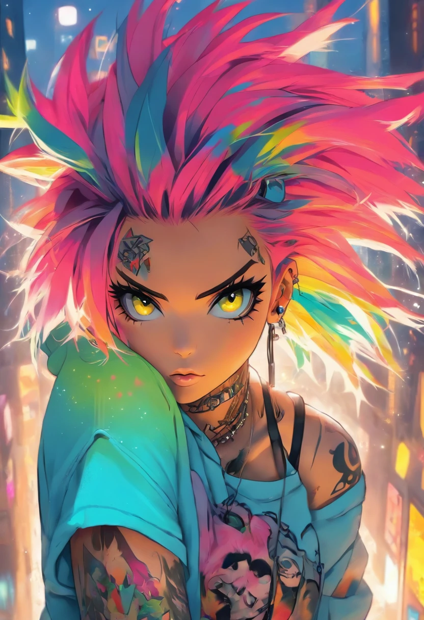 The most beautiful and gorgeous punk rock girl, rainbow colored hair, yellow eyes, wearing a hoodie graphic t-shirt and torn skinny jeans, tattoos and piercings, magazine cover, perfect masterpiece, high quality, high resolution