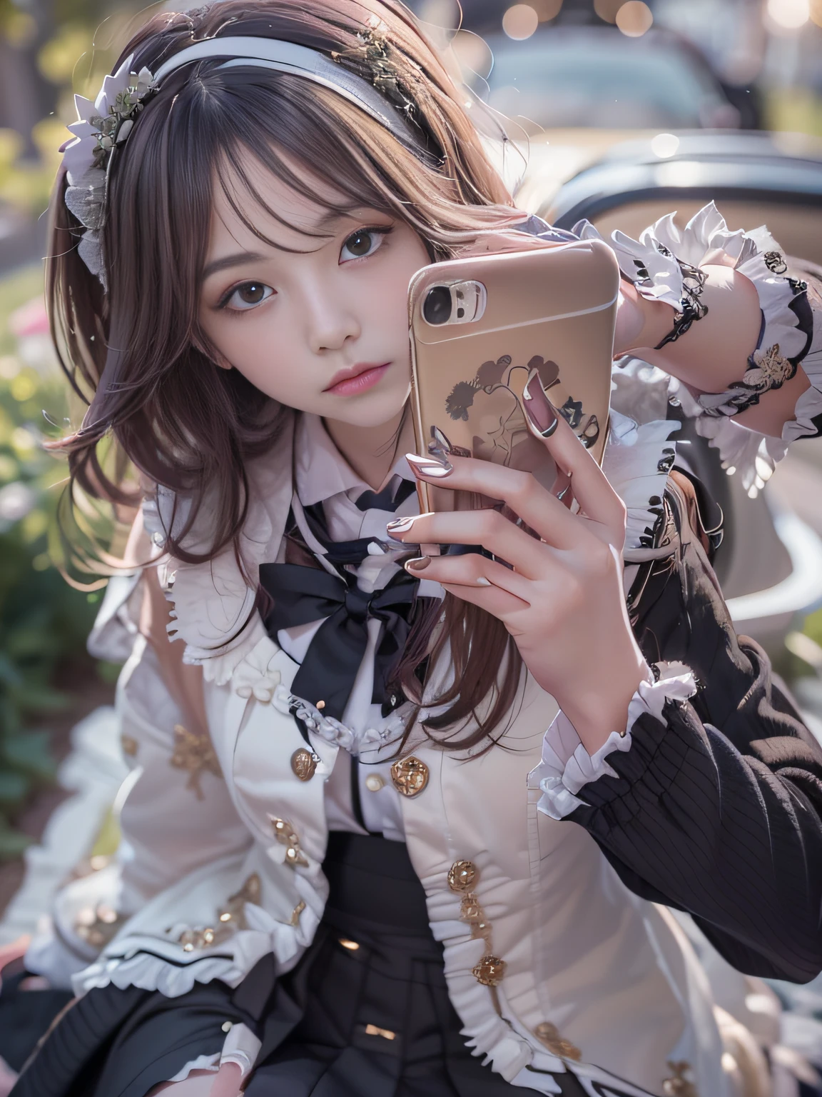 ((Woman taking selfie with mobile phone)),Super beautiful photo，Realistic，ultra-detailliert，Detailed beautiful face and eyes，retinas, masutepiece, ccurate, Anatomically correct,Alafe in black and white coat and black dress, victorian gothic lolita fashion, loose coat collar sailor uniform, Lolita style, Lolita Fashion, ((wearing aristocrat robe)), victorian inspired clothing, black gothic lolita dress, Dark style, black rococo, small curvy loli, Gothic coat, wearing a fancy black jacket, in victorian aristocrat，Tsurime,ultimate beauty girl，Shining blue eyes，Princess Hair,((smooth hair，detailed hairs，Very fine hairs)),(Knee-length skirt:1.7),1girl in,((small tits,Thin leg,skinny thigh)),slim figure,extremely detailed eye and face、beatiful detailed eyes,Cool color makeup,Expro II，Lens Flare，Sharpen，cinematic shadow,