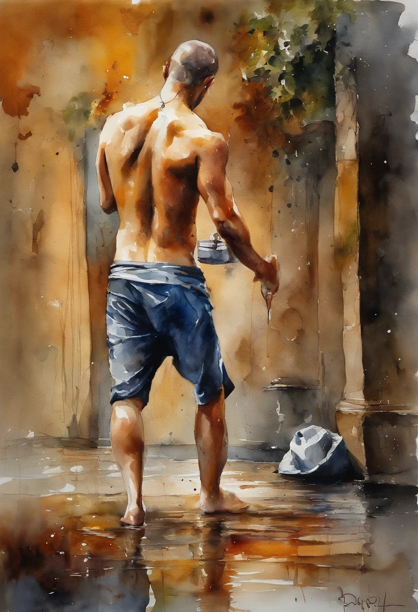 contorno, Estudo da figura masculina de 20 anos, Joven atleta musculoso, standing, corpo robusto completo, completamente nu, totalmente , , Resignation, Au natural, Cubra a virilha com uma toalha branca, apenas traseira, Crowded gym shower with water jets and men showering in the background, Bolos, Por Harry Bush, James Montgomery Flagg e Lois van Baarle e Jim French e RossDrew, Olhos realistas detalhados, large bare feet, large lump in the groin, muito bonito, lindo. Asas de anjo angelical. Aquarela tinta manchada e pingos de tinta