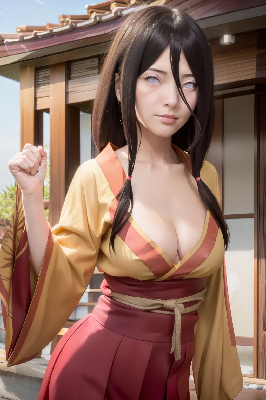 Hanabi hyuga A woman was standing in front of the house. She had brown hair. Straight up. Long. Unraveling. With the front end in a little bundle. And the rest unravel. He had a dark yellow kimono. With an orange line. With a dark-red obi And a bright red skirt. Her clothes look so tight. Thus making the curves of his body trace. Her boobs are exposed too. Because the kimono splits slightly. Showing her big, round breasts. He had a white as snow. With her rosy cheeks. And little pink lips. Looked into the camera. And smile. Looking so pretty and realistic