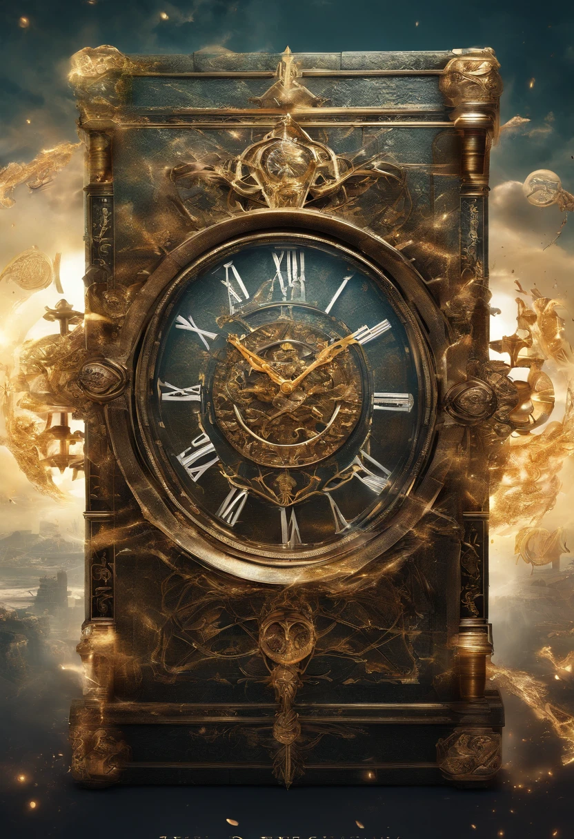 modern bestselling book style. Realistic book cover is divided vertically into two parts representing the past in destruction on the left side and the future with four -yeld tiguardian warriors with short stature. In the middle of the room there is a large greenish realistic crystal box with rays of light being emitted. at the top a title in Portuguese style time elements saying "GUARDIOES DO TEMPO". Some Details about big realistic 3D fantasy time and magic clocks. Fantasy book cover is disintegrating like ash flying and disappearing into particles in the air, Best render quality, 8k, Simple 3D design, highly detailed, exactly Typography, photography, poster, Cinematic, illustration, concept art, dark fantasy