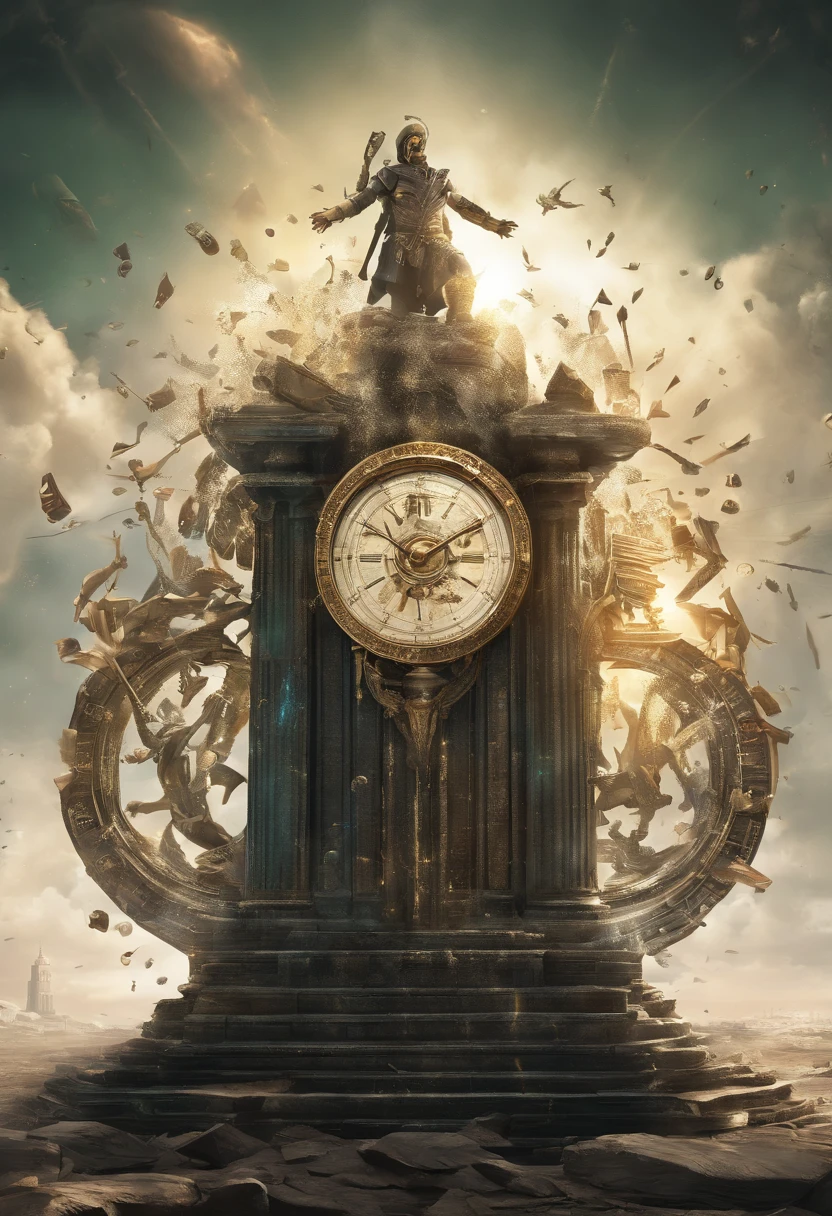 modern bestselling book style. Realistic book cover is divided vertically into two parts representing the past in destruction on the left side and the future with four -yeld tiguardian warriors with short stature. In the middle of the room there is a large greenish realistic crystal box with rays of light being emitted. at the top a title in Portuguese style time elements saying "GUARDIOES DO TEMPO". Some Details about big realistic 3D fantasy time and magic clocks. Fantasy book cover is disintegrating like ash flying and disappearing into particles in the air, Best render quality, 8k, Simple 3D design, highly detailed, exactly Typography, photography, poster, Cinematic, illustration, concept art, dark fantasy