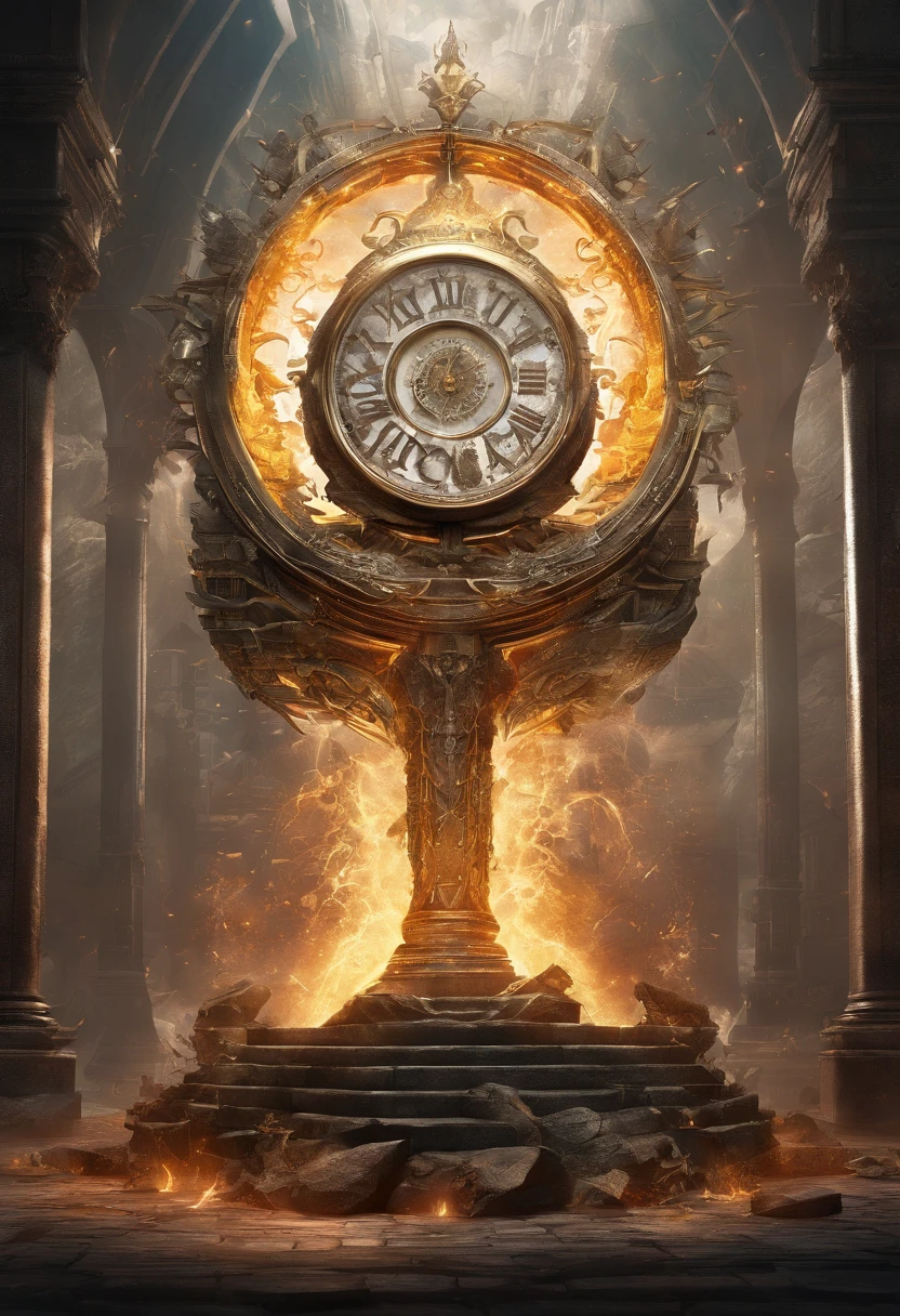 modern bestselling book style. Realistic book cover is divided vertically into two parts representing the past in destruction on the left side and the future with four 15-year-old time guardian warriors with short stature. In the middle of the room there is a large greenish realistic crystal box with rays of light being emitted. at the top a title in Portuguese style time elements saying "GUARDIOES DO TEMPO". Some Details about big realistic 3D fantasy time and magic clocks. Fantasy book cover is disintegrating like ash flying and disappearing into particles in the air, Best render quality, 8k, Simple 3D design, highly detailed, exactly Typography, photography, poster, Cinematic, illustration, concept art, dark fantasy