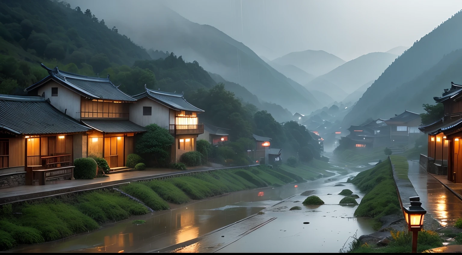 Rain falling in a small village in the hills of China.