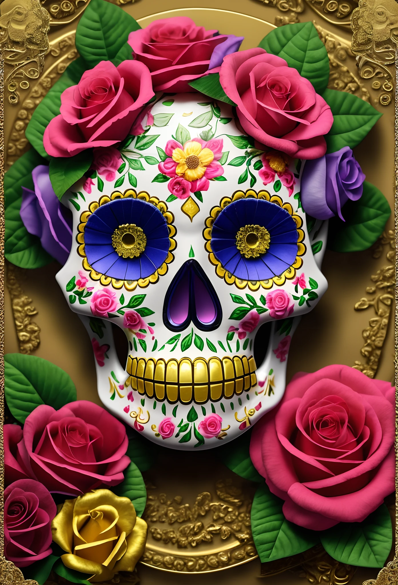 brightly colored sugar skull surrounded by roses on a gold background, dia de los muertos. 8 k, portrait of a sugar skull, background artwork, highly detailed digital artwork, sugar skull, 8k high quality detailed art, sacred skull, 4 k highly detailed art, low detailed. digital painting, digital painting highly detailed, calavera, over detailed art