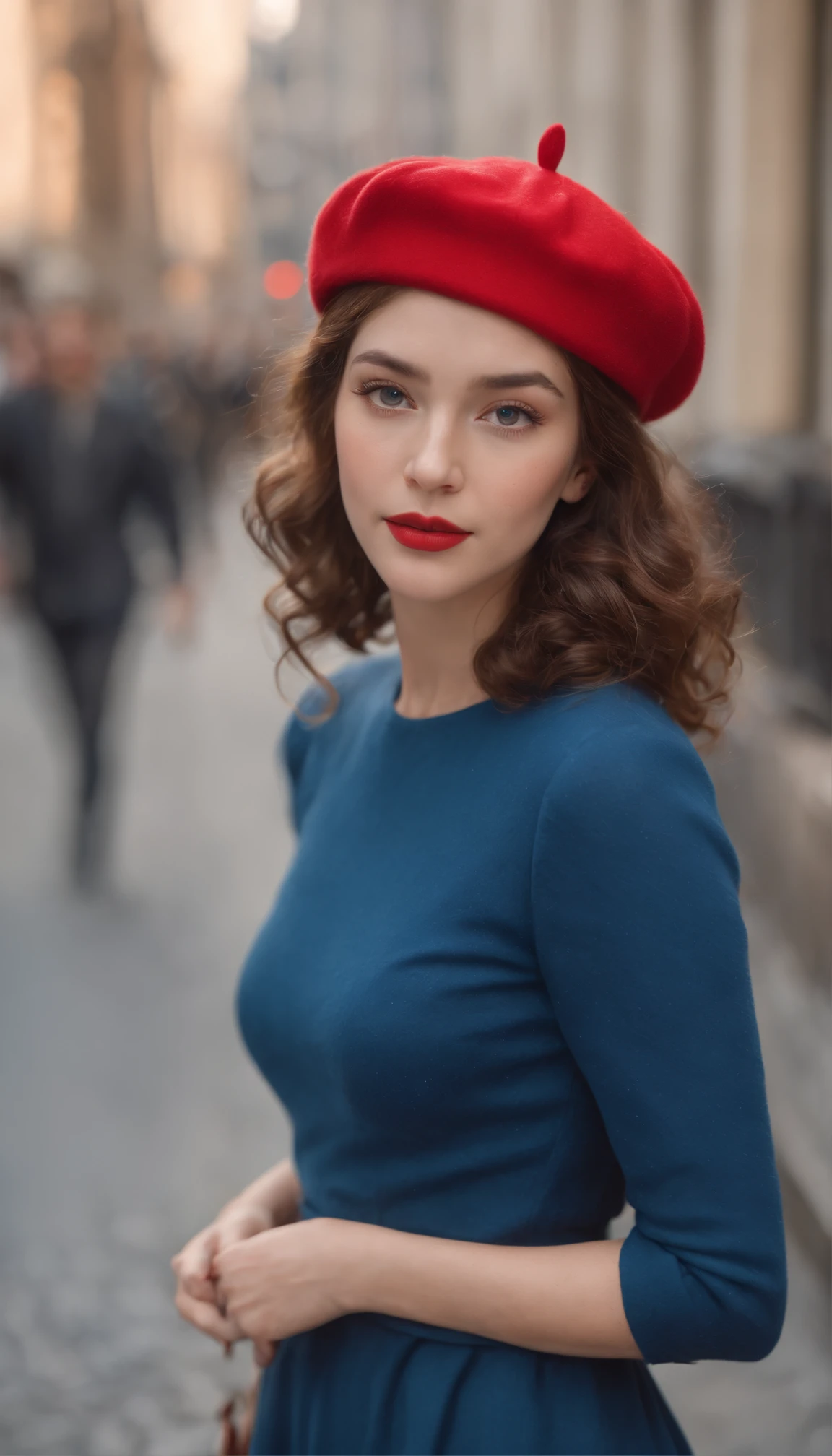 (best quality,4k,8k,highres,masterpiece:1.2),ultra-detailed,(realistic,photorealistic,photo-realistic:1.37),wes anderson style photo,35mm film,girl dressed in red with blue shoes and hat,golden light,serene faces,distinctive noses,cityscape photographer,curly hair,young