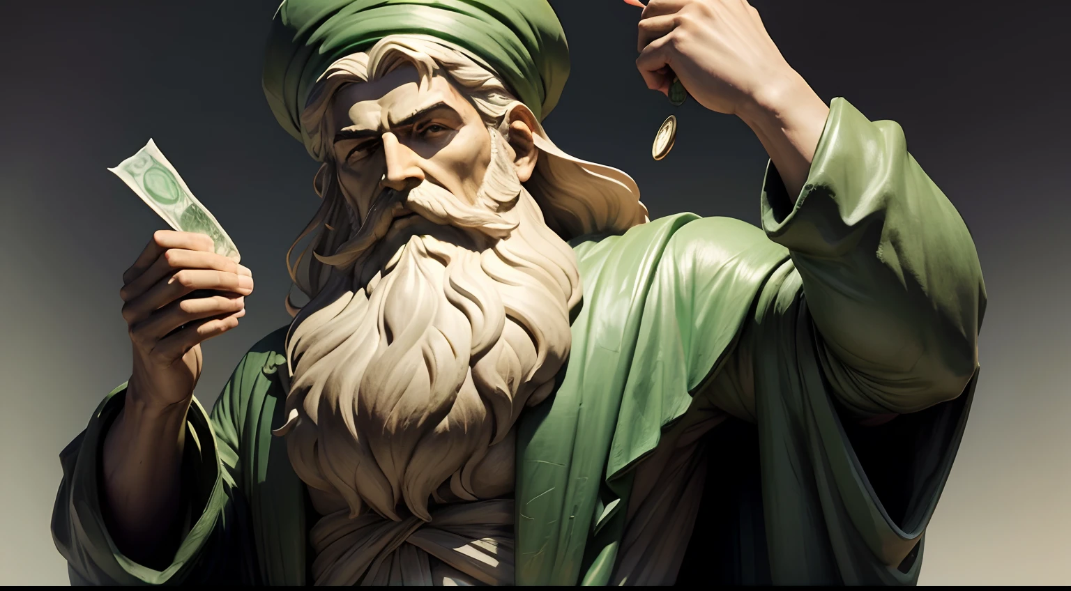 Statue of Greek philosopher with long beard wearing green coat and counting money with face of greed ultra-realistic 8k