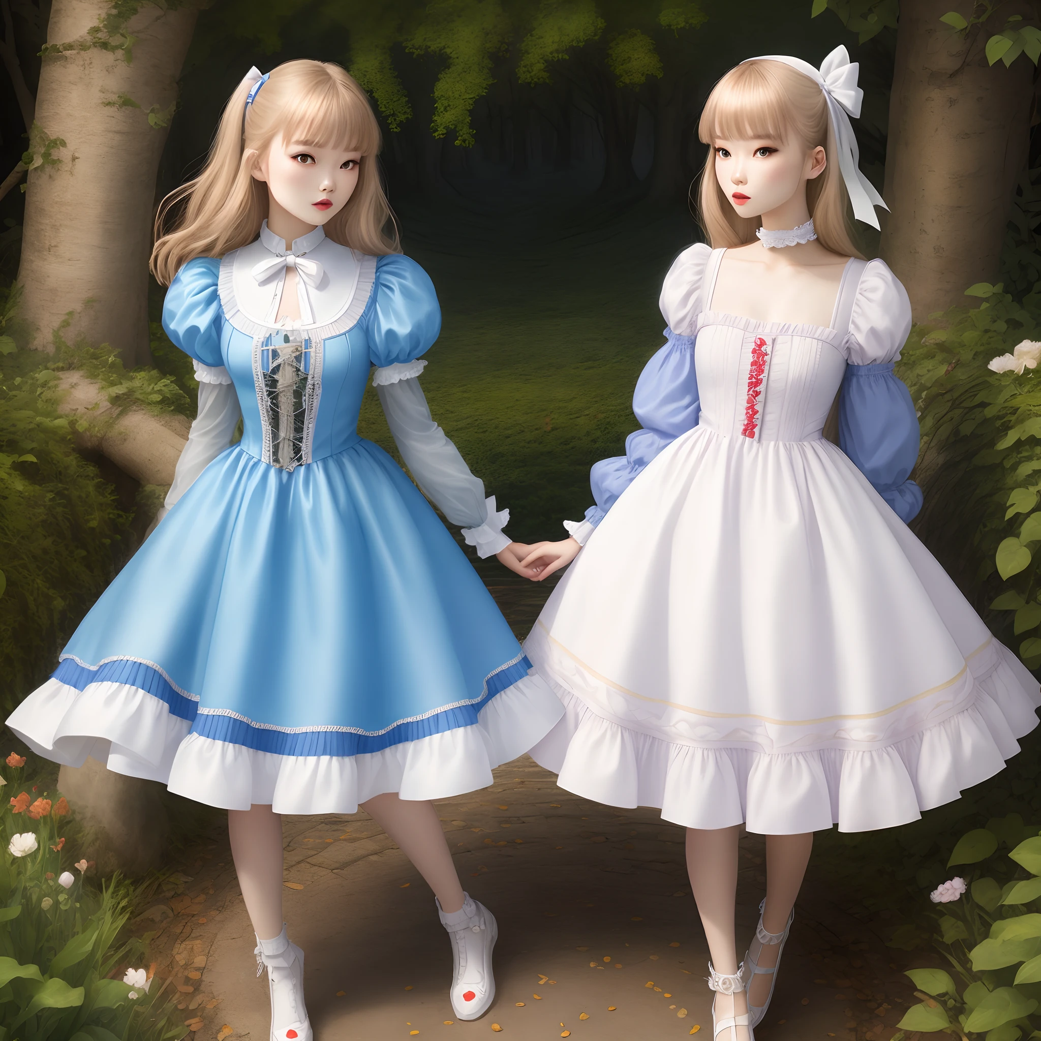 two girls, night, moon, starry sky, (masterpiece、highest quality、highest quality、Official Art、Beautiful and beautiful:1.2)、(One girl:1.3)Hatsune Miku、Twin tails,Beautiful breasts,wide angle, detailed reproduction of a forest surrounded by fog up to a height of one meter. clear starry sky with a big full moon, bare trees, winter, two girls, (Virginia Otis, 15 years old (blond hair, blue eyes)) pose with (16 years old Georgie Gerald (blond hair, green eyes)). Victorian style. thin, cute face, walks at night in Canterville Castle (inspired by the novel The Canterville Ghost). aged 1887, Victorian fantasy
