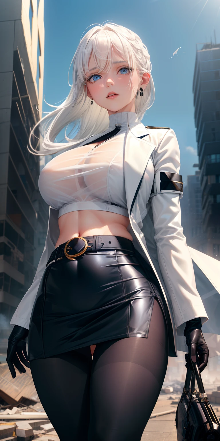 1girl, close up shot, (white hair, medium hair, large breasts, blue eyes), perfect anatomy, city, ((white shirt, black jacket, black skirt, navel, belt, black gloves, earrings, see through black leggings)), ruined city, rubble, buildings,