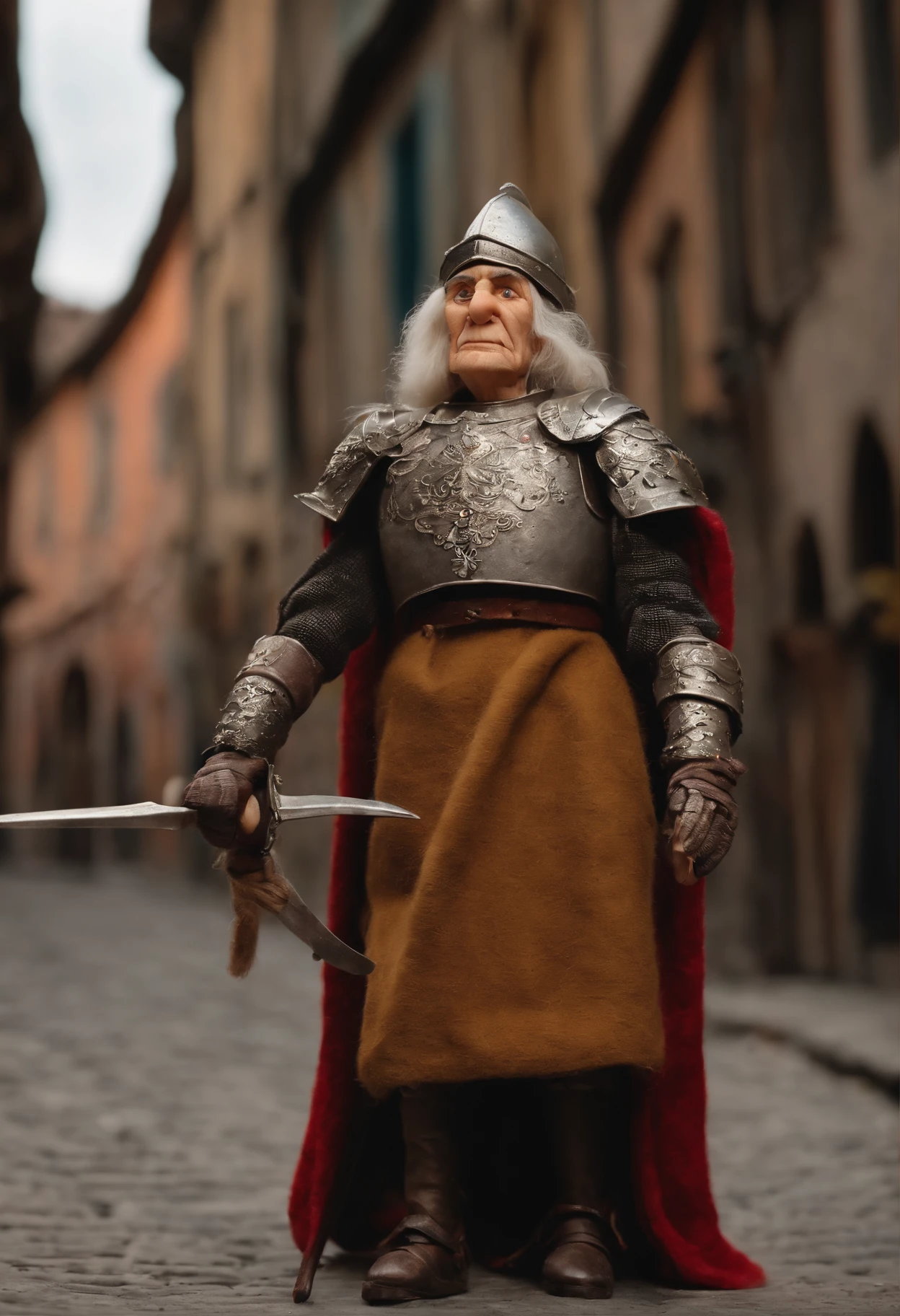 old woman, warrior, stop motion, puppet, felting, there is a small puppet that is standing in the street, he is a Knight with armor and helmet, clay animation,  stop motion animation, stop motion character, puppet like aardman, laika's puppets, animation movie