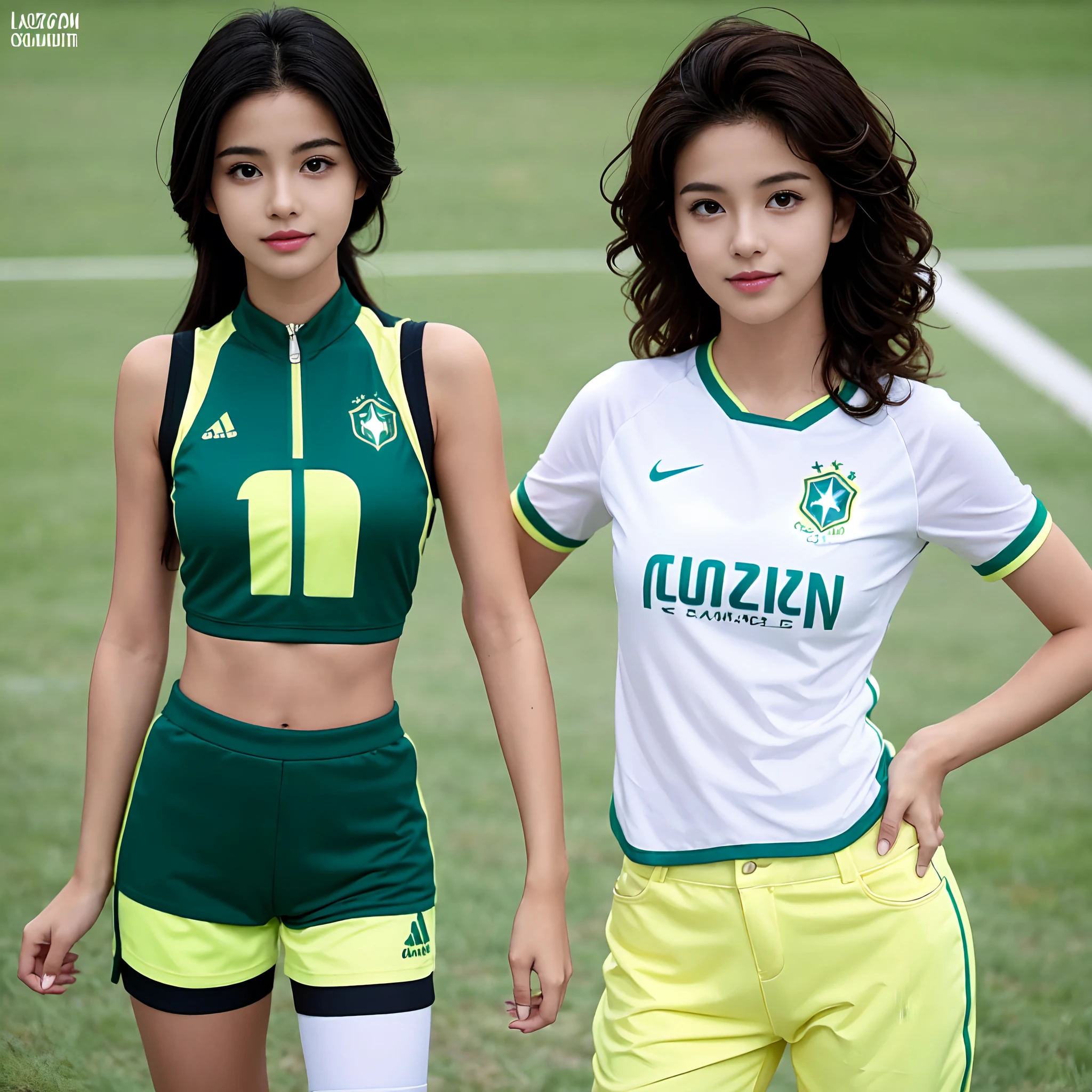 a girl with an anime style and a charming face, she has a beautiful Latin American beauty with curly hair and tanned skin. She has a tape tan on her body and curves that make her look stunning. The girl is wearing the uniform of the Brazil football team, which is a bright yellow color. She is also wearing short jeans and impeccable white sneakers.