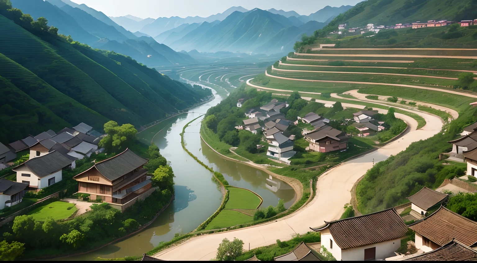 rivers and plantations in a small village in the hills of China.