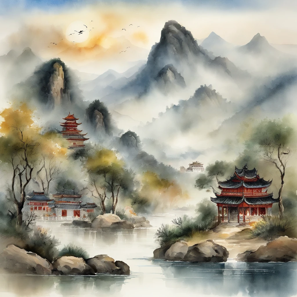 An ancient Chinese painting, ancient Chinese background, mountains, rivers, auspicious clouds, pavilions, sunshine, masterpieces, super detail, epic composition, ultra HD, high quality, extremely detailed, official art, unified 8k wallpaper, Super detail, 32k -- v 6