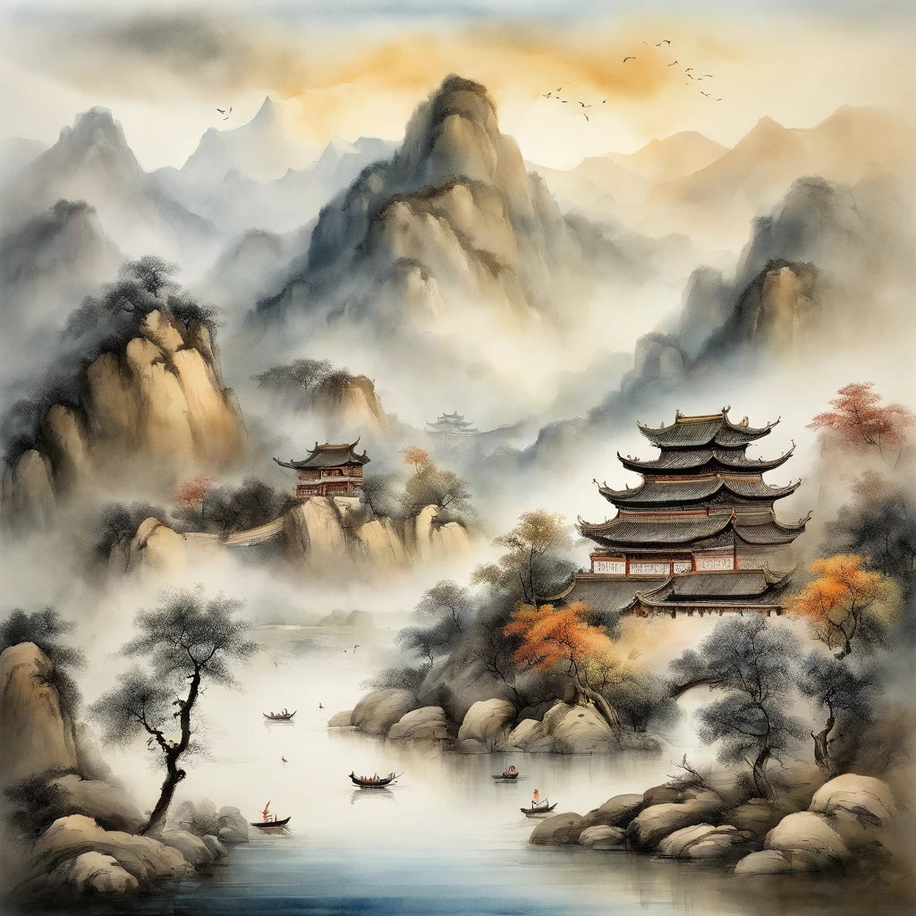 Best quality, Ultra-fine details, high resolution, Masterpiece:1.2, Immerse yourself in the beautiful landscape, Impeccable brushstrokes, Impressive ink, Adopt a wide-angle viewing angle, Breath-taking mountain views, Deep and majestic atmosphere, Beautifully depicted ships sailing through the mountains, Detailed depiction of the ship and its surroundings, Traditional Chinese art, Expresses the tranquility and harmony of nature, Subtle tonal changes, Soft color palette, Gentle and warm atmosphere, Presented at a prestigious exhibition - a Chinese ink landscape painting,The composition is stunning,Emotional depth,Capture the tranquility in the mountains. Textured brushstrokes and tonal variations are very detailed, Reveal the complexity of the ship and the beauty of the surrounding landscape. Traditional Chinese art styles create an atmosphere of tranquility and harmony,Immerse viewers in natural wonders. This masterpiece is of the highest quality, Features ultra-fine detail and high-resolution images, Make it an impressive and breathtaking work of art,It perfectly captures the essence of Chinese ink landscape painting.