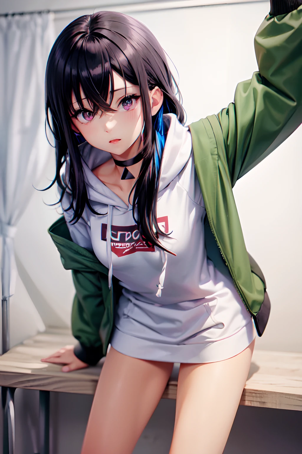 1girl in, Solo, Aurha, Long hair, multicolored hair, Black Choker, White hoodie, Hood down, Green jacket, Open jacket, Bottomless, Anime style, pop style