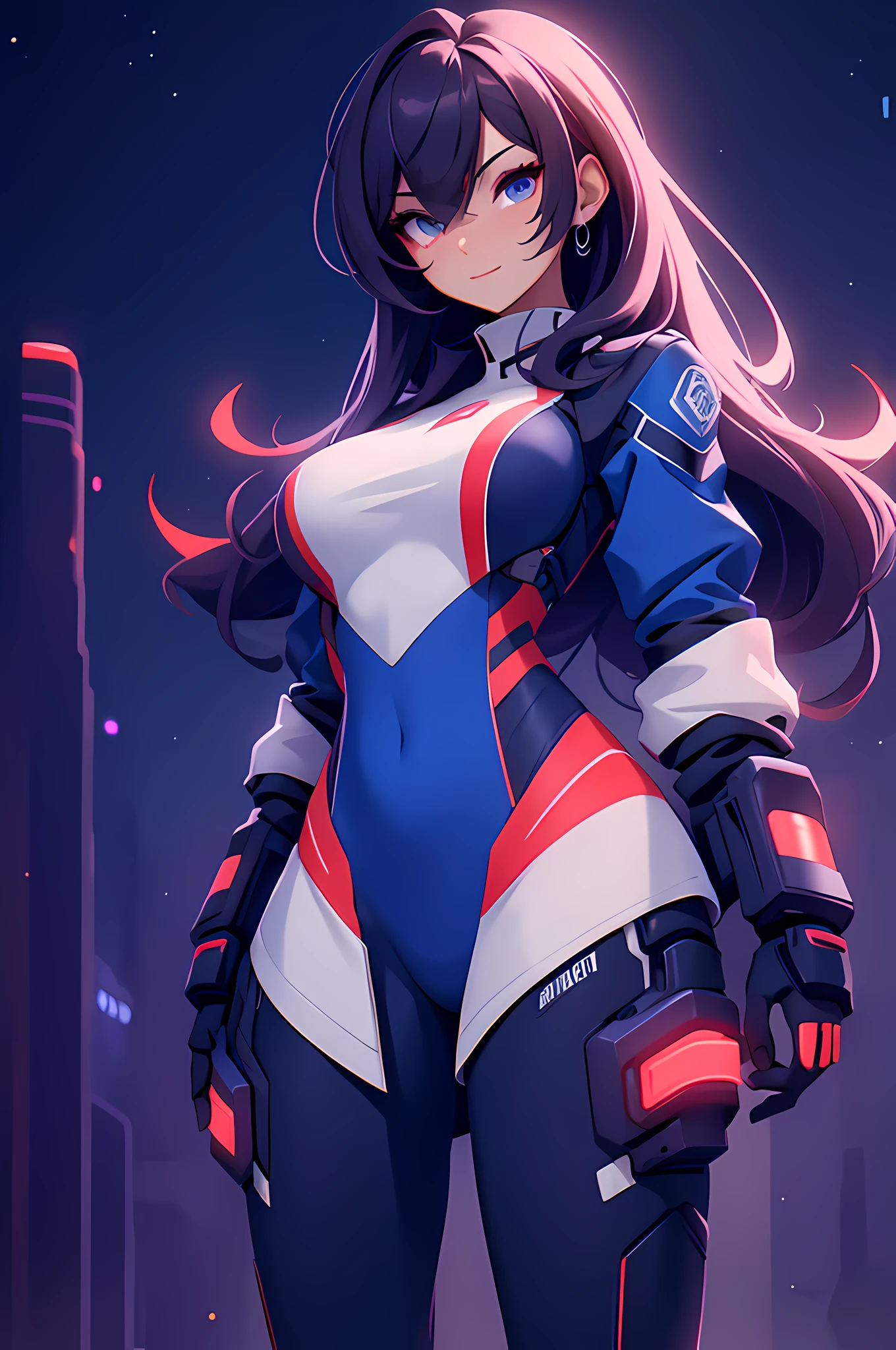 a tall women, in a mech outfit with red and blue neon stripes, in a vibrant galaxy