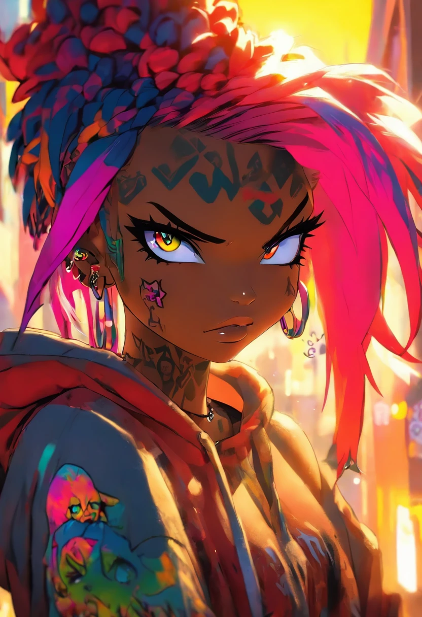 The most beautiful and sexy punk rock girl, rainbow colored hair, yellow eyes, dark skin, wearing a hoodie, graphic t-shirt and torn skinny jeans, tons of tattoos and piercings, perfect masterpiece, high quality, high resolution