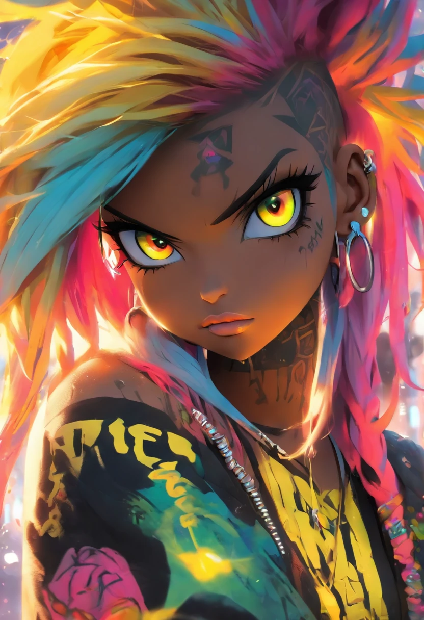 The most beautiful and sexy punk rock girl, rainbow colored hair, yellow eyes, dark skin, wearing a hoodie, graphic t-shirt and torn skinny jeans, tons of tattoos and piercings, perfect masterpiece, high quality, high resolution