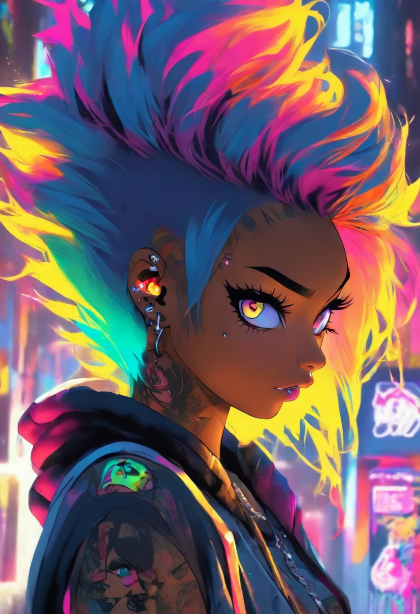 The most beautiful and sexy punk rock girl, rainbow colored hair, yellow eyes, dark skin, wearing a hoodie, graphic t-shirt and torn skinny jeans, tons of tattoos and piercings, perfect masterpiece, high quality, high resolution
