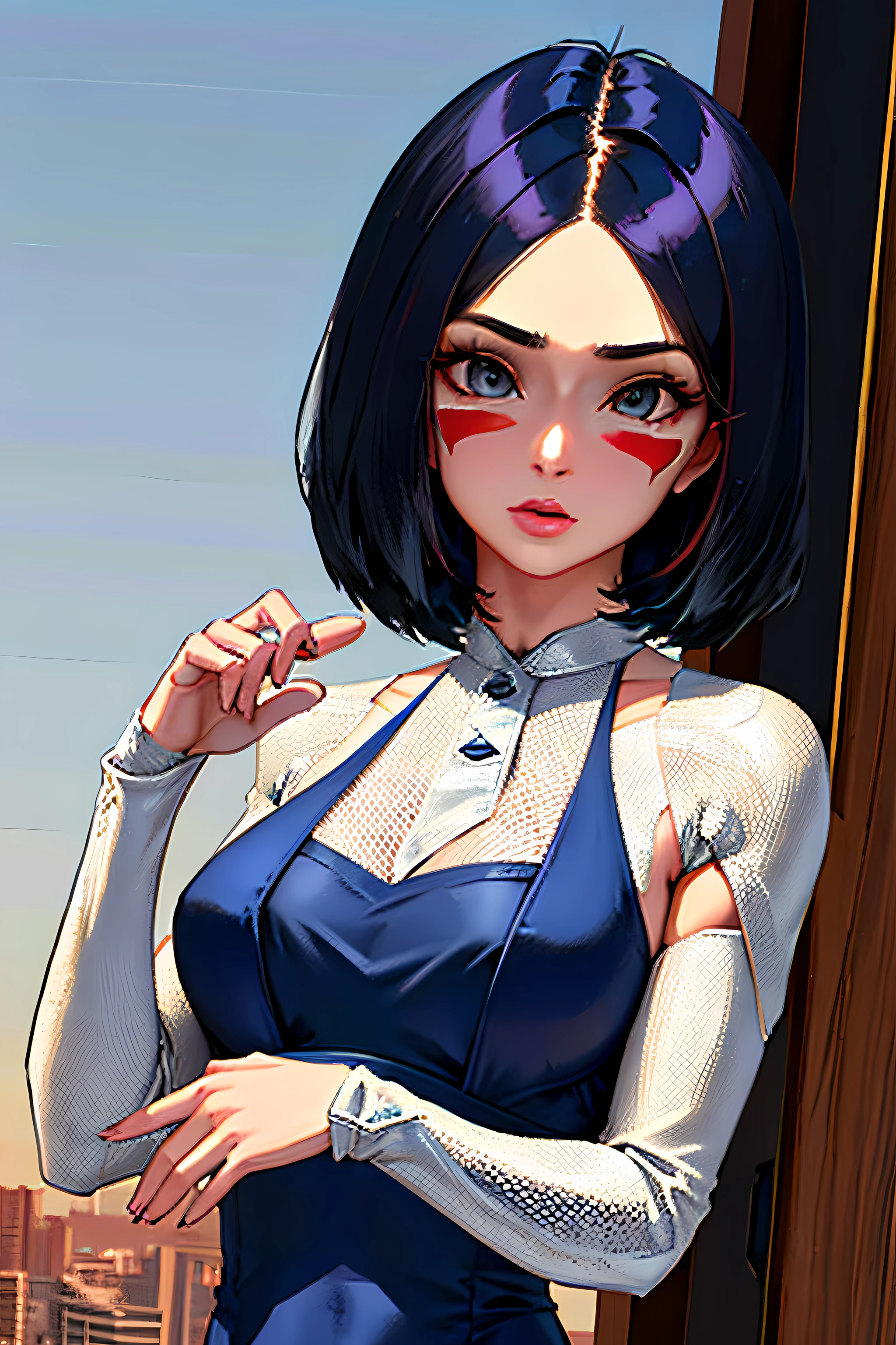 short hair, cabelos pretos, olhos castanhos, maid, vestido de empregada, marca facial, (mechanical arms), Cyberpunk, pintura facial vermelha, android, Brilho, 1girl, Masterpice, alta qualidade, melhor qualidade, bom corpo, good hands and fingers, Arte Oficial, (rosto e olhos perfeitos), (perfect hands), (Nice face), (nice hands), (sozinho), ((quarto)), Povo, science fiction, sorrir,