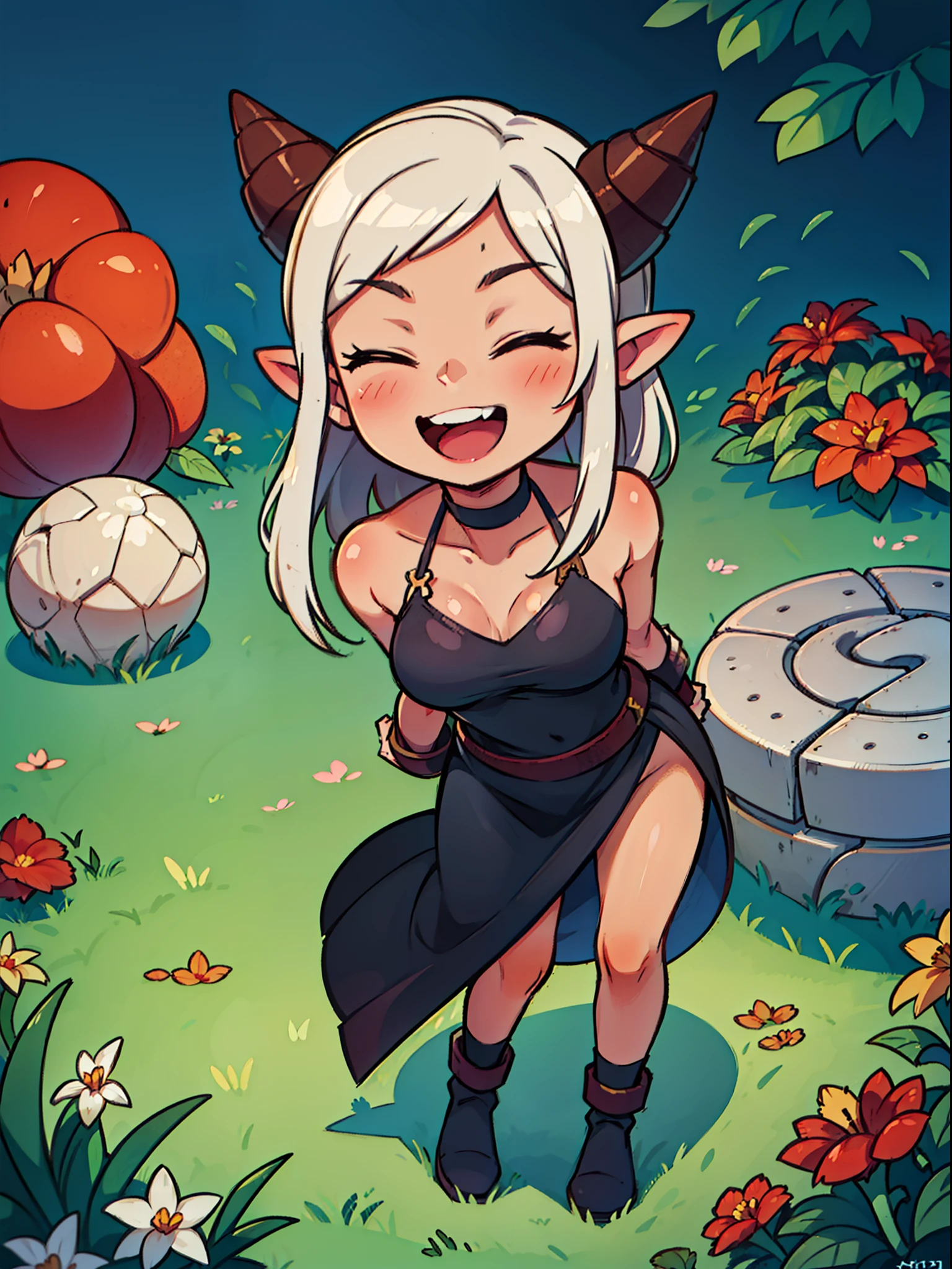 1girl ,solo,10 year,stanned skin,smilling,happy,open mouth,((black dress)),,white hair,medium hair,closed eyes,elves ears,black horns,hidden arms,Detailed,(((standing on the garden))),