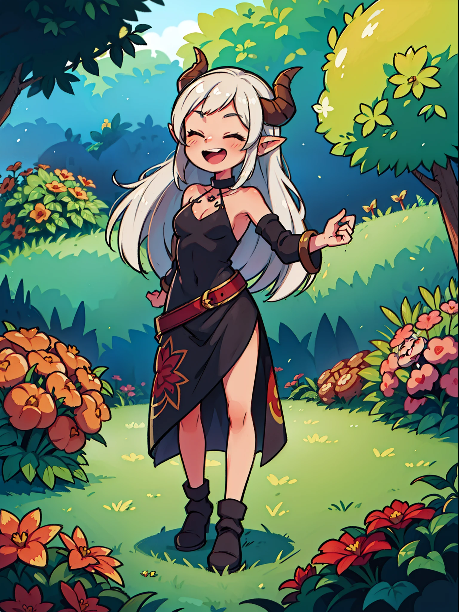 1girl ,solo,10 year,stanned skin,smilling,happy,open mouth,((black dress)),,white hair,medium hair,closed eyes,elves ears,black horns,hidden arms,Detailed,(((standing on the garden))),