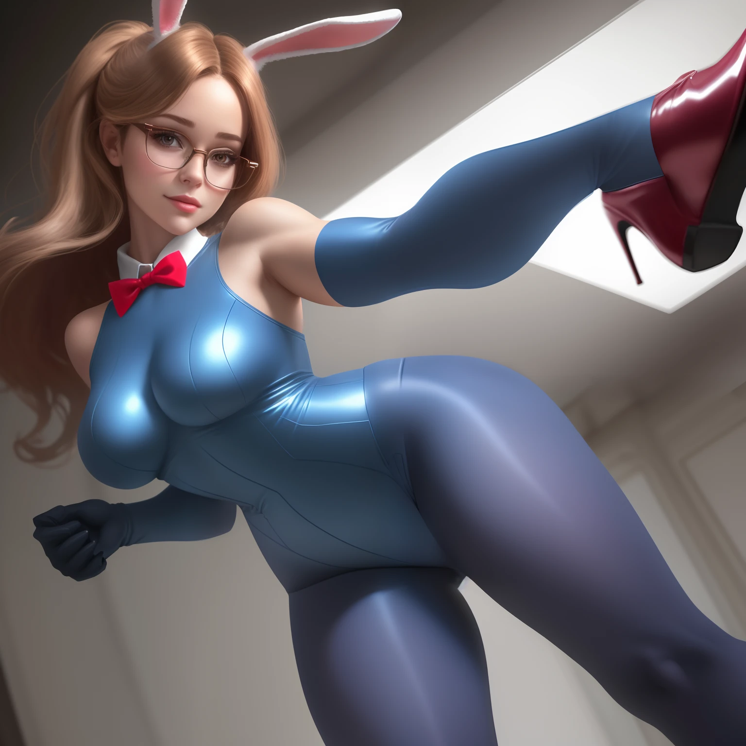 "a girl in a bunny suit, standing confidently with a slight smile on her face. Her outfit consists of a tight-fitting bunny suit, accentuating her figure. The bunny suit has blue color tights, which tightly hug her legs and accentuate her long, toned thighs. She completes the look with a pair of red high heels that add a touch of elegance. Additionally, she wears a pair of stylish glasses that give her an intellectual and sophisticated appearance. To add a playful touch, she accessorizes with a cute bow tie. The overall image has a high level of detail, with a resolution of 8k, allowing for ultra-realistic rendering. The colors are vivid and vibrant, giving the scene a visually appealing quality. The lighting setup enhances the contours and highlights her features, adding depth and realism to the artwork."