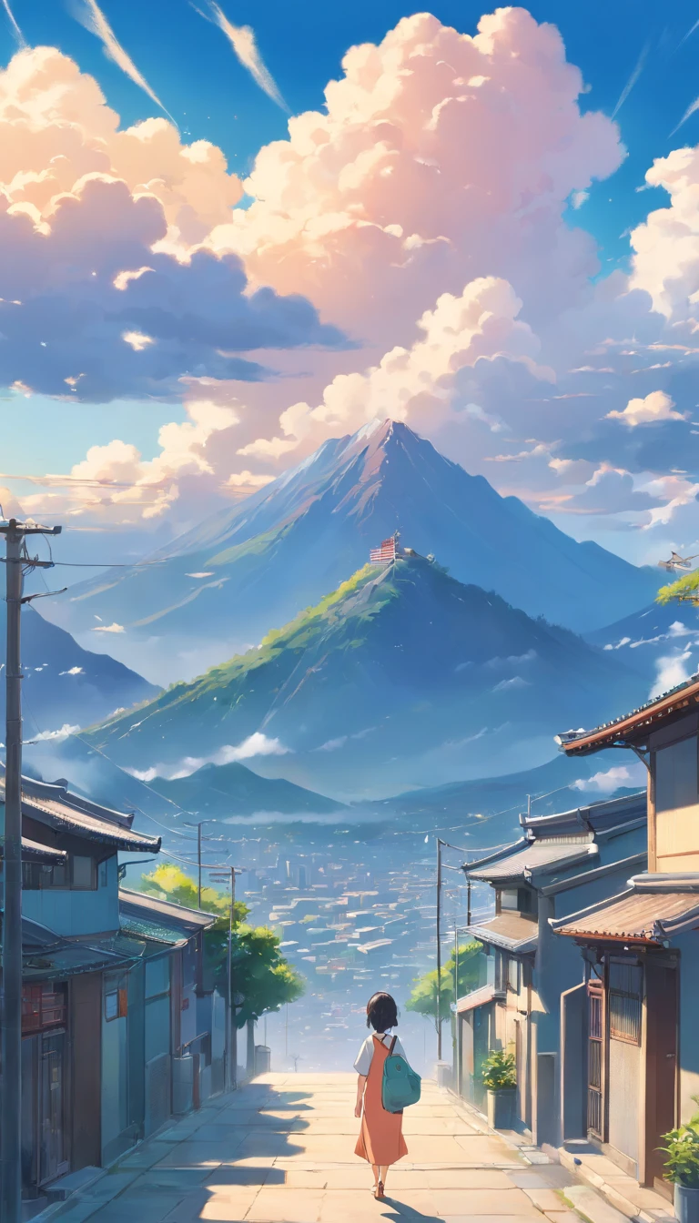 Chinese illustration on blue background, nubes auspiciosas, 16k, ..3D, tonos pastel, Arroyo del barranco, bote, pino, Cordillera, muchas casas, Muchos edificios antiguos, Acolchado de papel multidimensional, Tunnel composition, warm light, UHD, Elevation perspective,ultra realista, Color Morandi, Detalles exquisitos, una vista expansiva de, Epic Detail