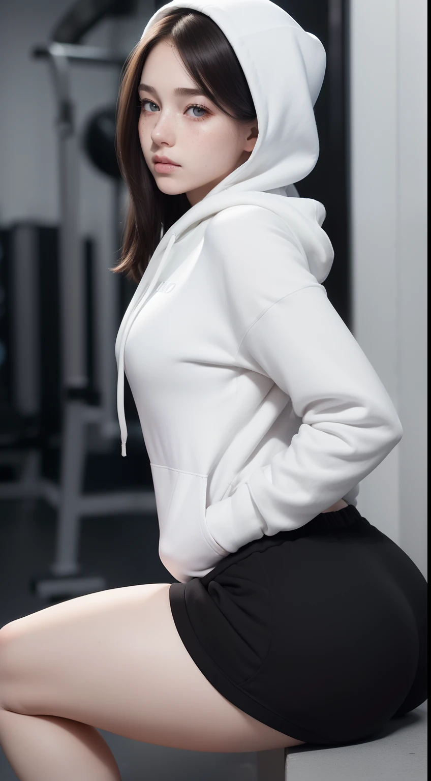 (Ass up,knees folded,side angle),1girl,pale skin,white long hair,delicate face,heterochromia eyes,freckles,(black hoodie,gym shorts),(thick thighs),white background,(best quality:1.2,ultra-detailed,realistic:1.37),portrait,soft colors,polished lighting