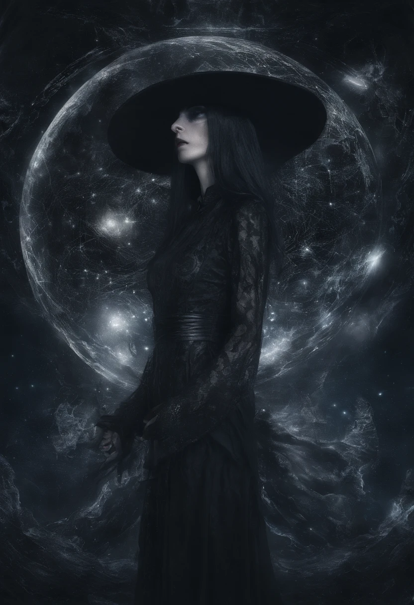 "(best quality, highres, 1girl:1.1), floating in space, elf, witch hat, energy sphere, light particles, shining stars, shiny hair, fantasy"