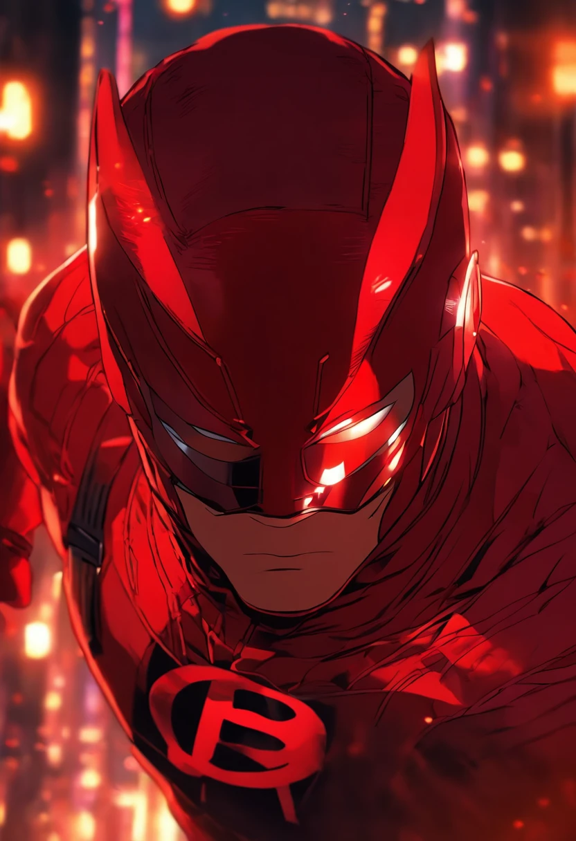 daredevil as a teenager in a red battle suit, with small red eyelines and red eyelences, a half-red mask, and a hint of a smirk, with two small horns protruding from the top of the head.