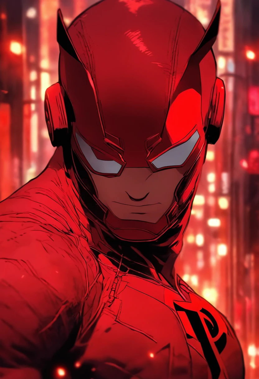daredevil as a ager in a red battle suit, with small red eyelines and red eyelences, a half-red mask, and a hint of a smirk, with two small horns protruding from the top of the head.