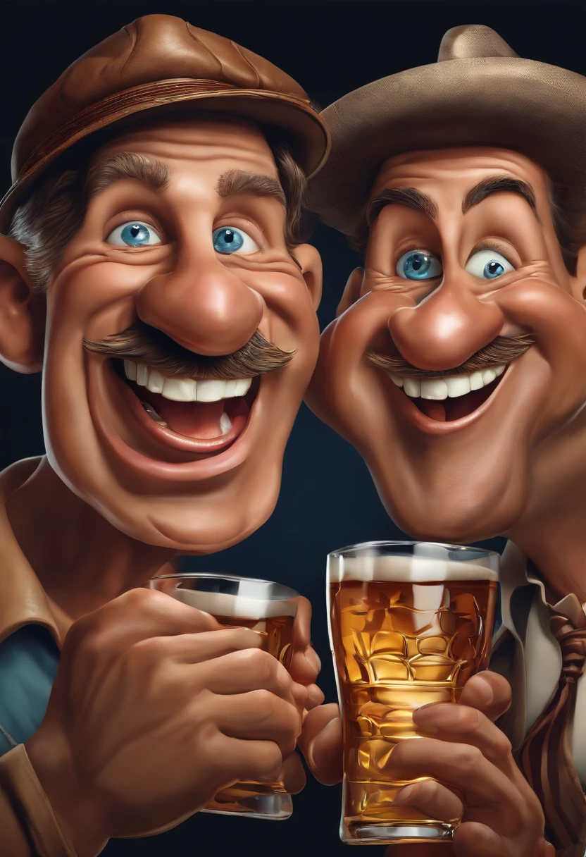 Dois amigos visivelmente embriagados, They hold a bottle of whiskey and a glass of draft beer each.
Faces are contorted into comical expressions, with bulging eyes and tongue sticking out,, estilo de desenho e com um toque caricatural, 8k