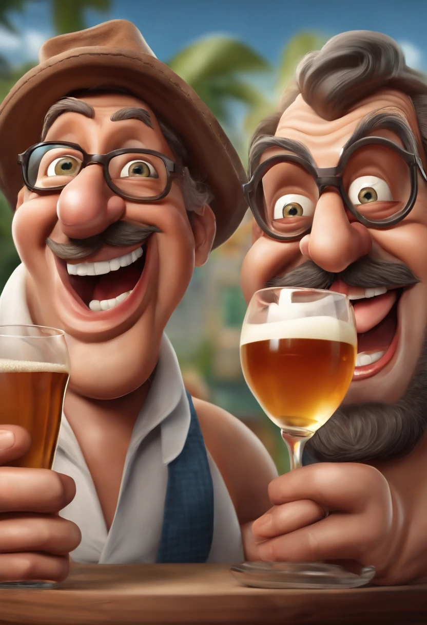 Dois amigos visivelmente embriagados, They hold a bottle of whiskey and a glass of draft beer each.
Faces are contorted into comical expressions, with bulging eyes and tongue sticking out,, estilo de desenho e com um toque caricatural, 8k