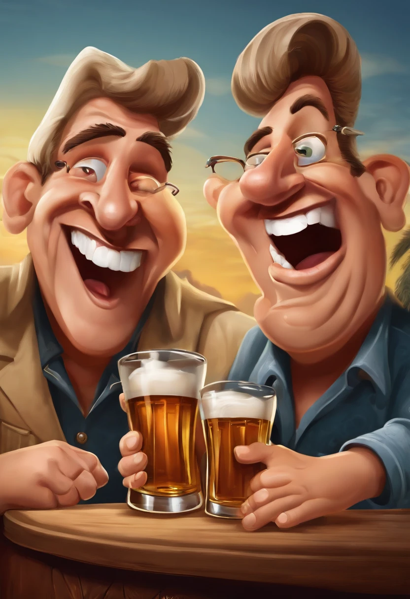 Dois amigos visivelmente embriagados, They hold a bottle of whiskey and a glass of draft beer each.
Faces are contorted into comical expressions, with bulging eyes and tongue sticking out,, estilo de desenho e com um toque caricatural, 8k