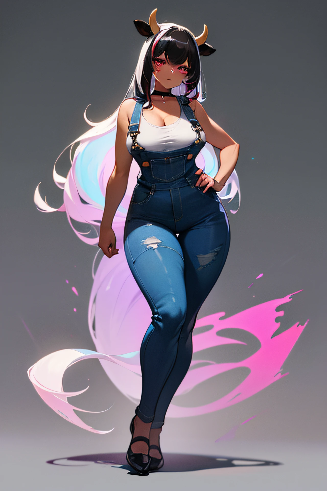 (masterpiece), (best quality:1.4), (perfect anatomy:1.4), high quality, expressive eyes, full body, tall girl, detailed face, beautiful face, perfect face, detailed ((white hair)), (black hair), (pink eyes), {{dark skin}}, ({dark skinned female}), cow girl, gigantic breasts, thick thighs, very long hair, bare shoulders, denim, (blue overalls), overalls, dynamic lighting, cow print, high resolution, 4k resolution, dynamic pose, silver jewelry, {fantasy farm background}, choker, animal ears, (cow ears), {{cow tail}}, (tail), ((streaked hair)), wide hips, thigh-highs, horns, {cow horns}, animal ears, skindentation, curvy, plump,