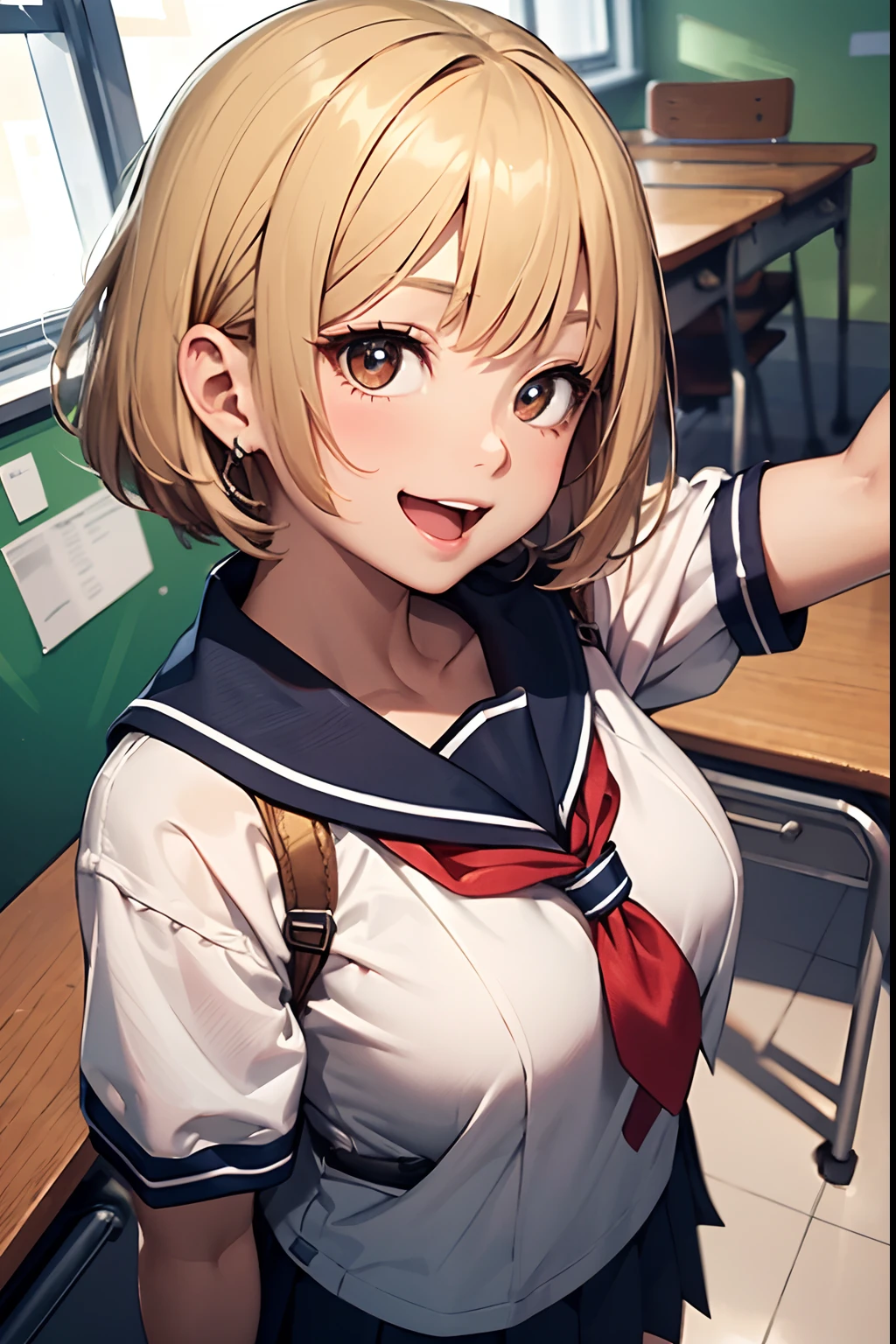 Anime girl in uniform pointing at something in a classroom - SeaArt AI