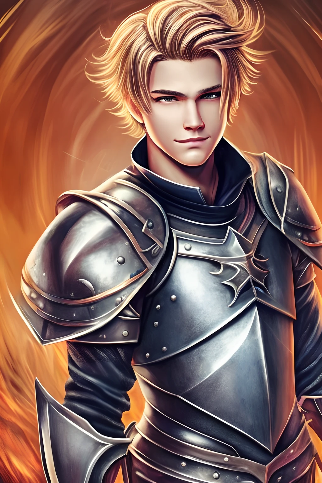 a blond male ager wearing knight armor, happy face expression, realistic art --auto --s2