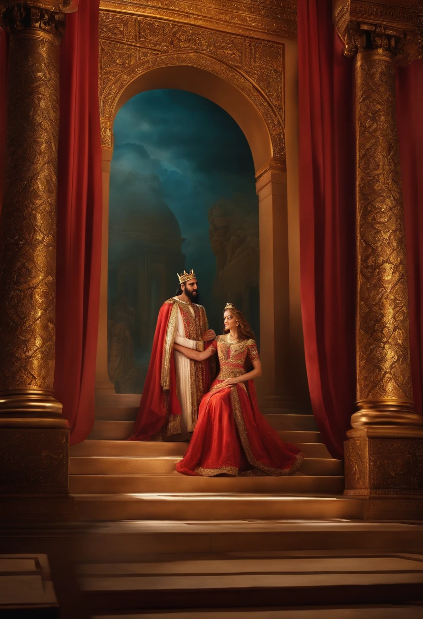 Describe a picture of King Solomon and his queen in the palace: