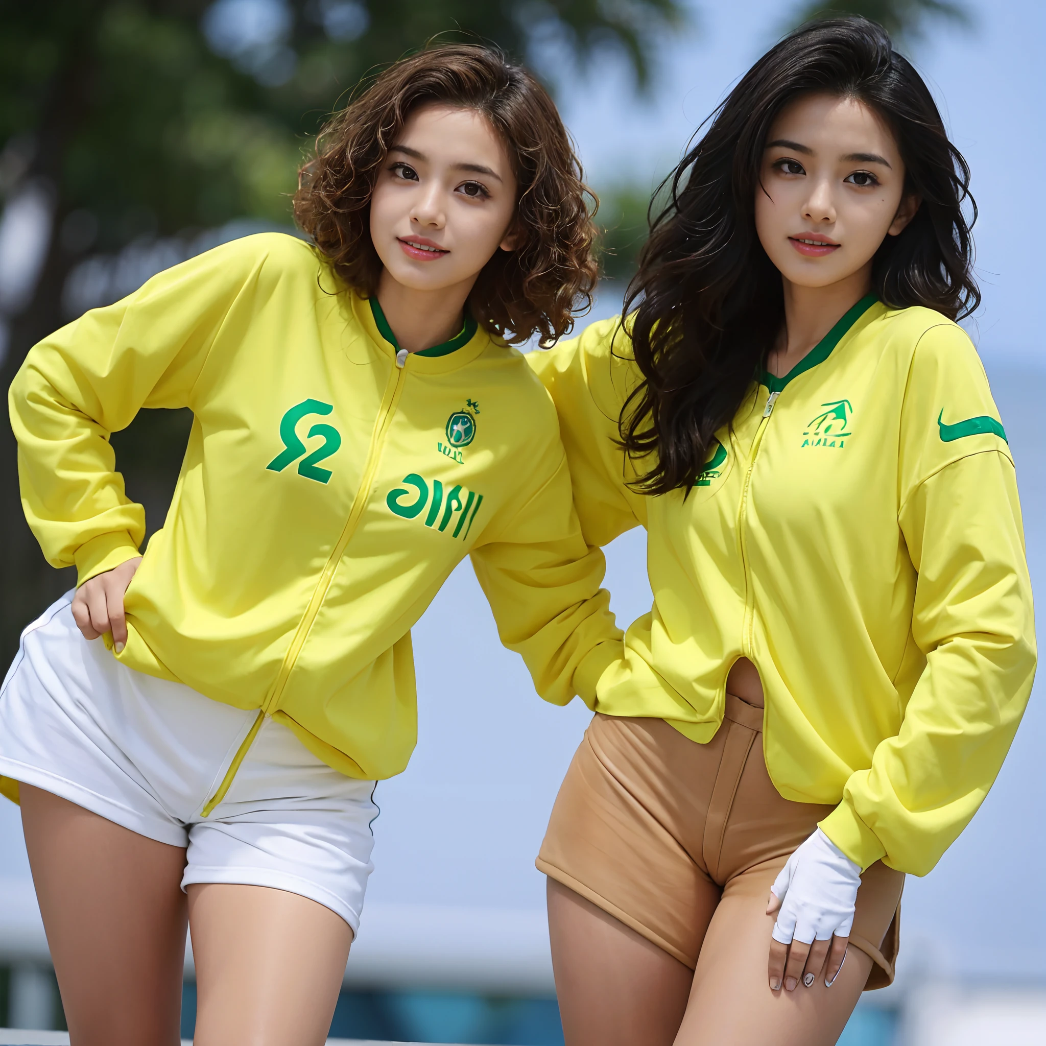 a girl with an anime style and a charming face, she has a beautiful Latin American beauty with curly hair and tanned skin. She has a tape tan on her body and curves that make her look stunning. The girl is wearing the uniform of the Brazil football team, which is a bright yellow color. She is also wearing short jeans and impeccable white sneakers.
