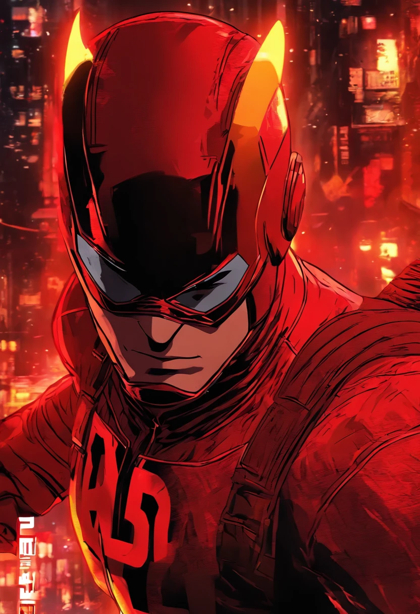 daredevil as a teenager in a red battle suit, with small red eyelines and red eyelences, a half-red mask, and a hint of a smirk, with two small horns protruding from the top of the head. anime poster