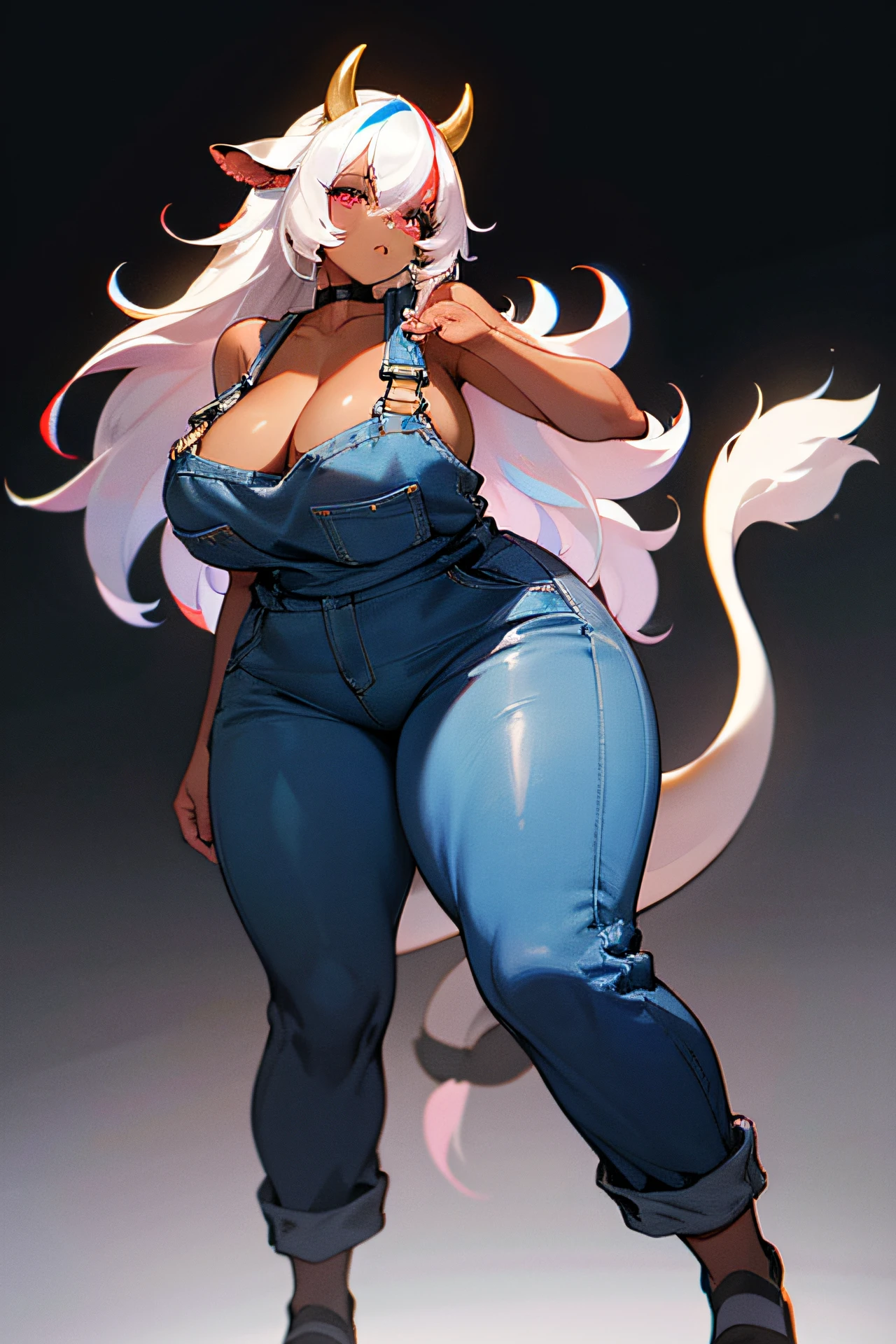 (masterpiece), (best quality:1.4), (perfect anatomy:1.4), high quality, expressive eyes, full body, tall girl, detailed face, beautiful face, perfect face, detailed ((white hair)), (black hair), (pink eyes), {{dark skin}}, ({dark skinned female}), cow girl, gigantic breasts, thick thighs, very long hair, bare shoulders, denim, (blue overalls), overalls, dynamic lighting, cow print, high resolution, 4k resolution, dynamic pose, silver jewelry, {fantasy farm background}, choker, animal ears, (cow ears), {{cow tail}}, (tail), ((streaked hair)), wide hips, thigh-highs, horns, {cow horns}, animal ears, skindentation, curvy, plump,