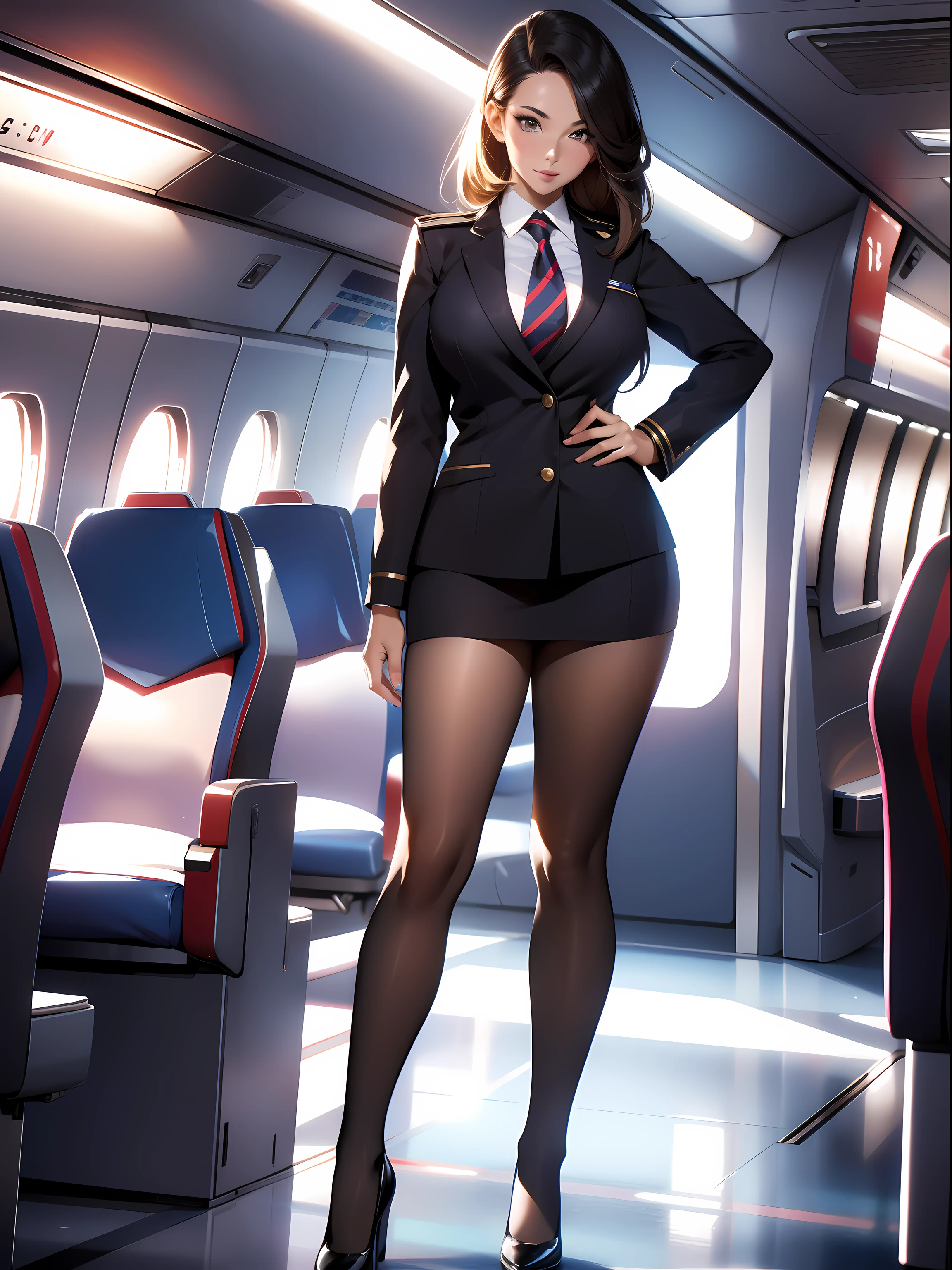 Stewardess,Wear flight attendant clothes,A beautiful full body girl,with fair skin,cabelos preto e longos,24 years of age,busty figure,short skirt,Super sexy scene,facial closeups