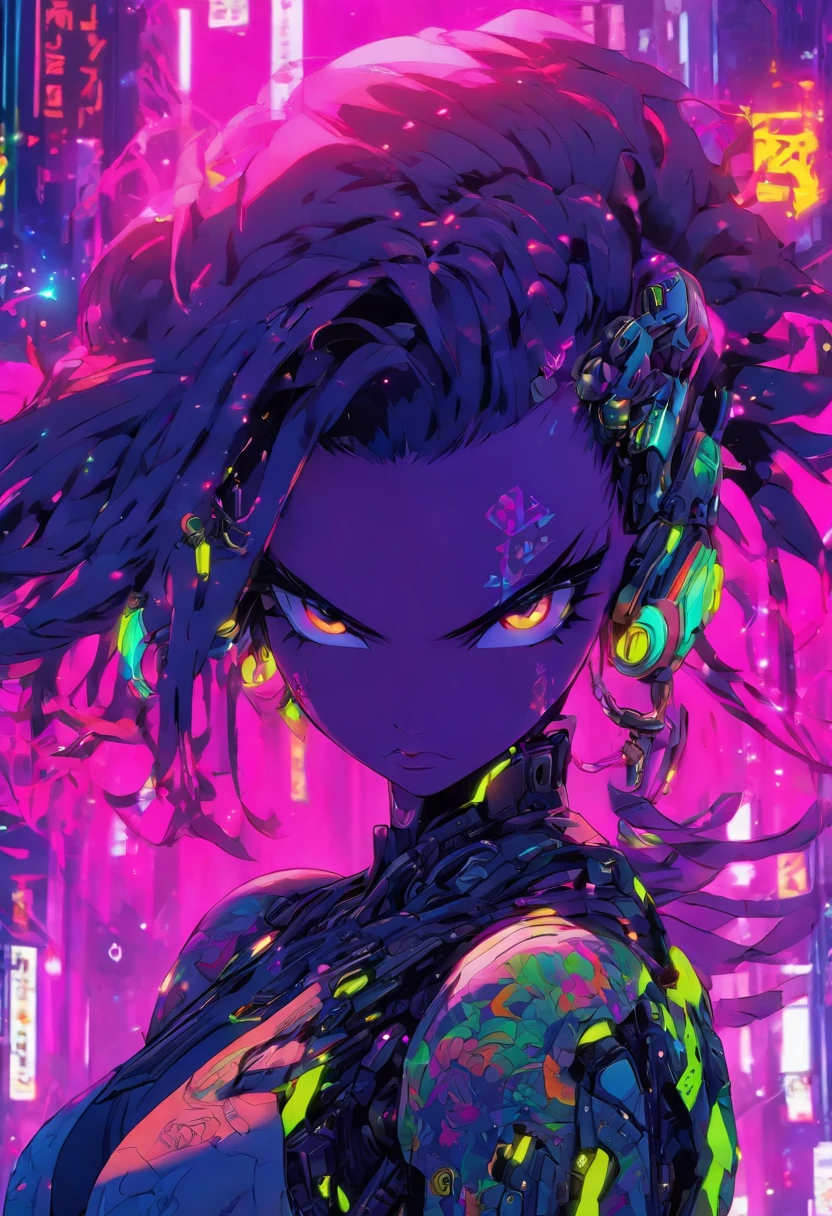The most beautiful and sexy cyberpunk girl, purple hair, yellow eyes, dark skin, wearing highly detailed futuristic battle armor, futuristic mechanical angel wings, glowing neon halo, tons of tattoos and piercings, cherry blossoms blowing in the wind, highly detailed background, perfect masterpiece, high quality, high resolution