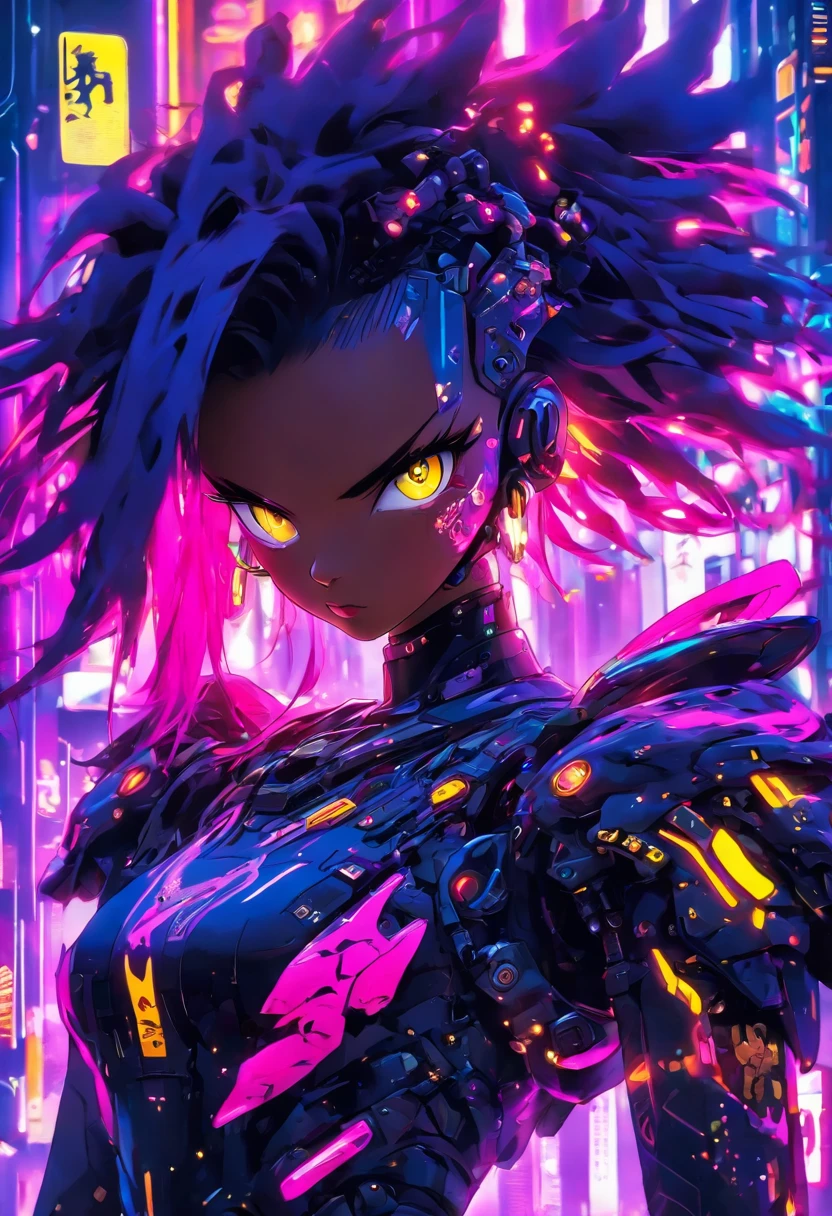 The most beautiful and sexy cyberpunk girl, purple hair, yellow eyes, dark skin, wearing highly detailed futuristic battle armor, futuristic mechanical angel wings, glowing neon halo, tons of tattoos and piercings, cherry blossoms blowing in the wind, highly detailed background, perfect masterpiece, high quality, high resolution