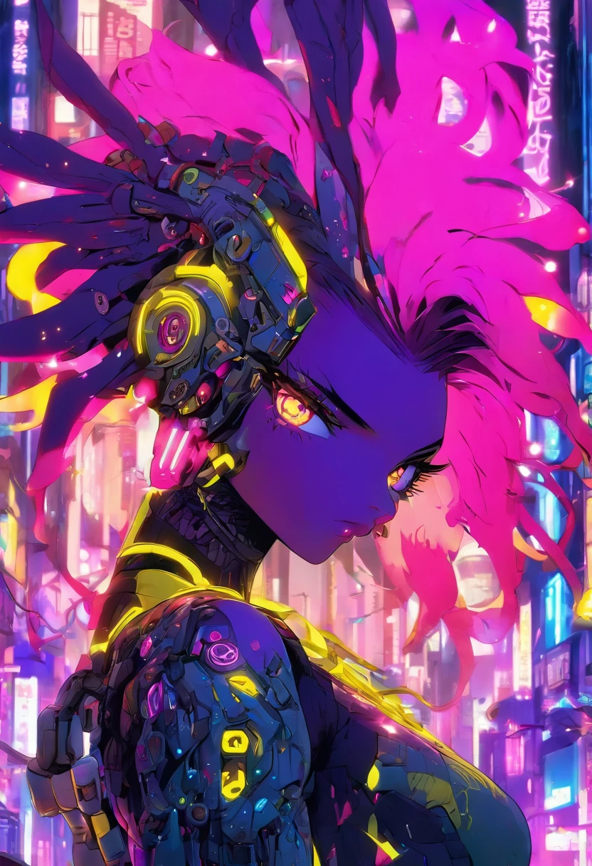 The most beautiful and sexy cyberpunk girl, purple hair, yellow eyes, dark skin, wearing highly detailed futuristic battle armor, futuristic mechanical angel wings, glowing neon halo, tons of tattoos and piercings, cherry blossoms blowing in the wind, highly detailed background, perfect masterpiece, high quality, high resolution