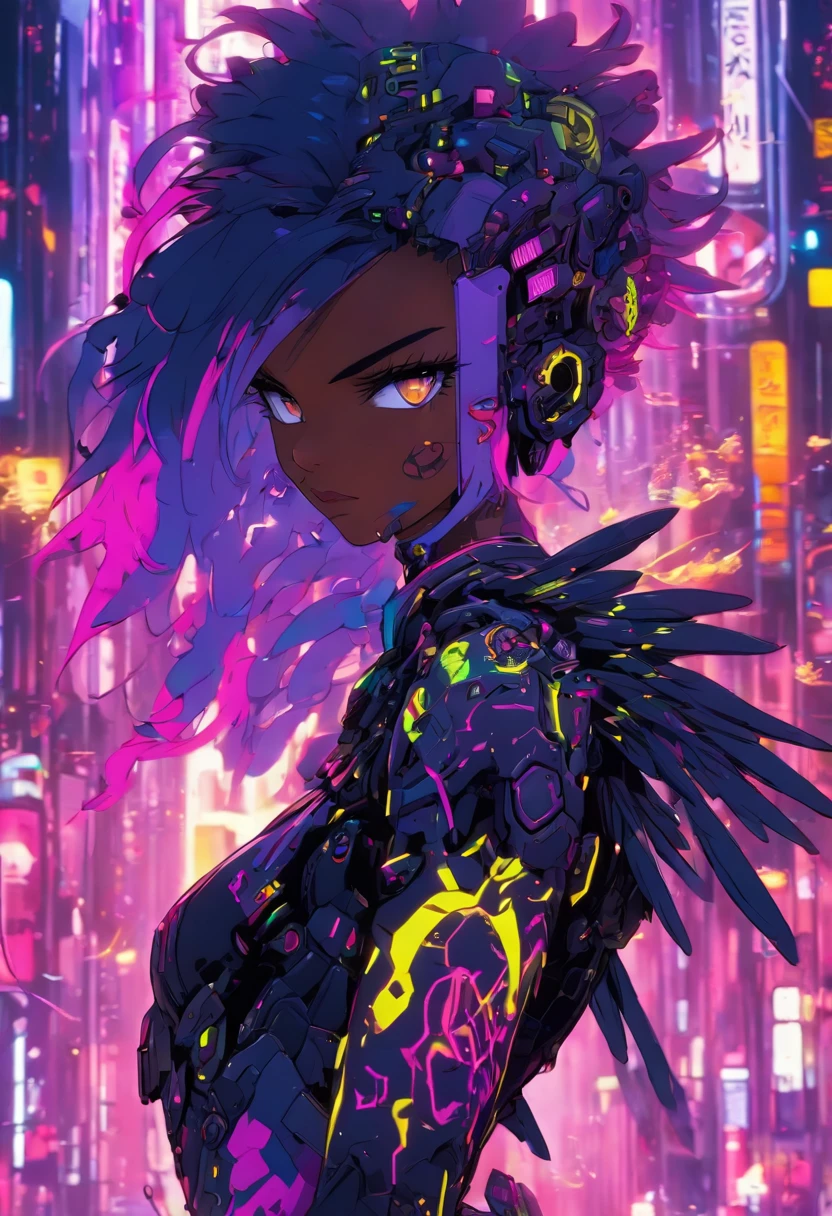 The most beautiful and sexy cyberpunk girl, purple hair, yellow eyes, dark skin, wearing highly detailed futuristic battle armor, futuristic mechanical angel wings, glowing neon halo, tons of tattoos and piercings, cherry blossoms blowing in the wind, highly detailed background, perfect masterpiece, high quality, high resolution